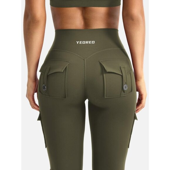 Women's Army Green High Waisted Workout Flare Leggings 32 inch Seam with Pockets - Picture 3 of 6